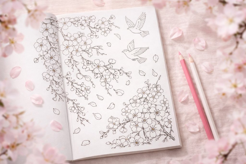 
Cherry blossom sakura coloring book page with delicate floral designs and birds perfect for Japan's spring seasonal niche
