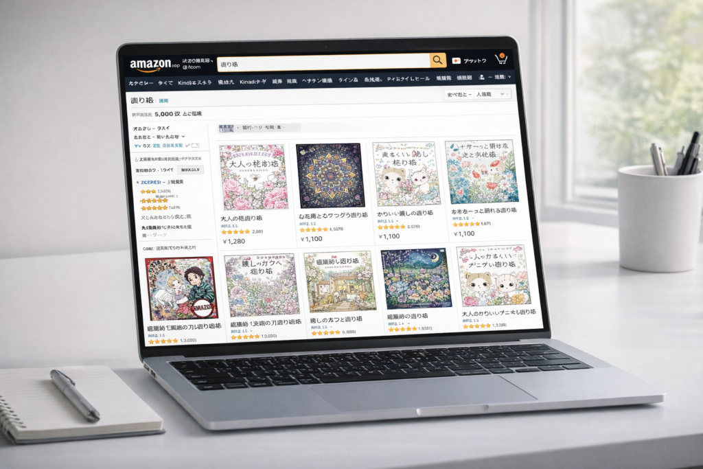 
Amazon Japan search results page showing coloring book market research for profitable niche selection in Japanese marketplace
