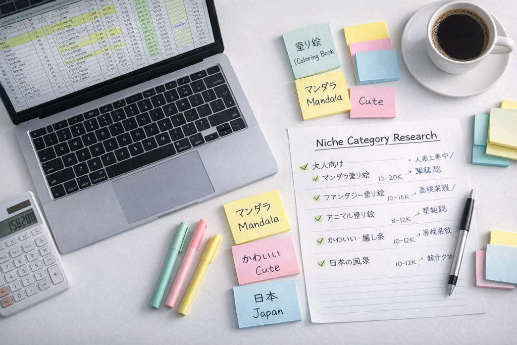 
Coloring book niche research workspace with market analysis data, keyword research notes, and validation checklist for Japanese market
