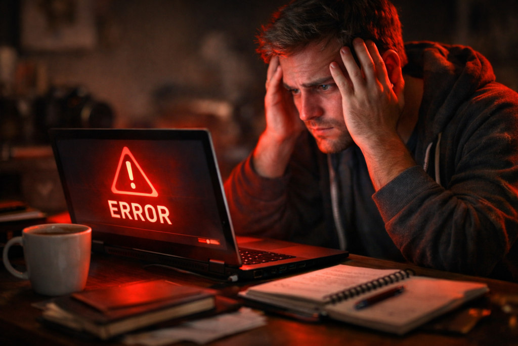 Blogger discovering corrupted WordPress backup file error message on laptop