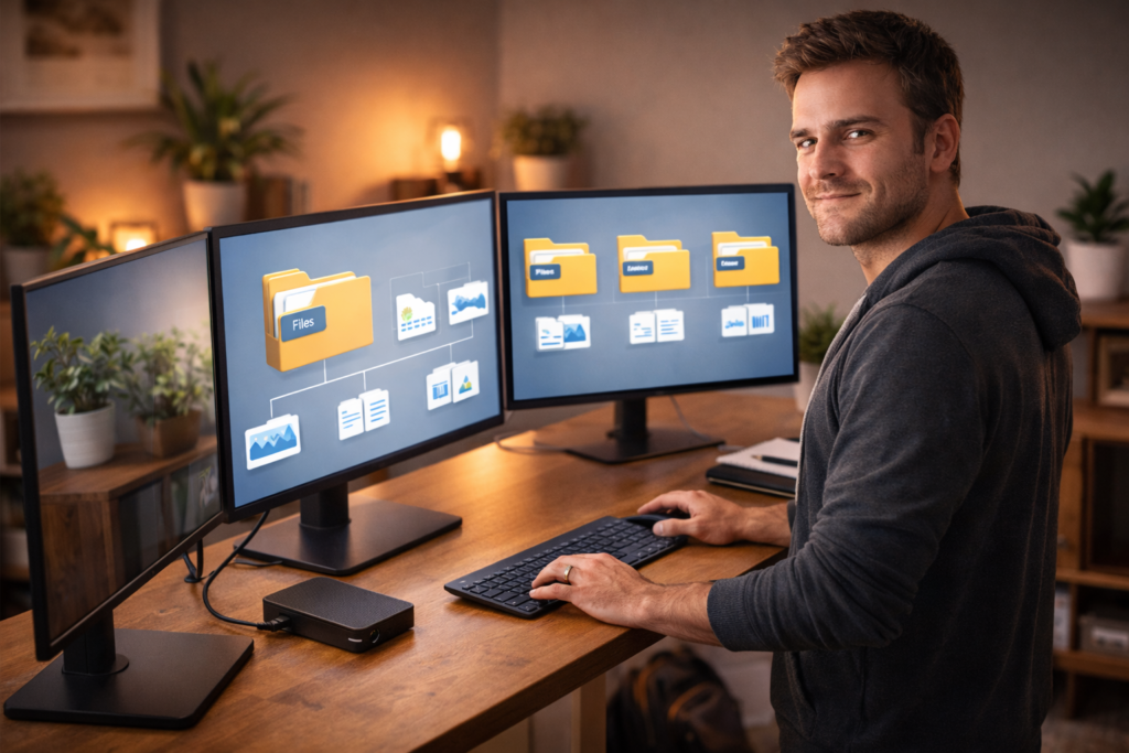 Blogger with organized content backup system feeling confident about data protection