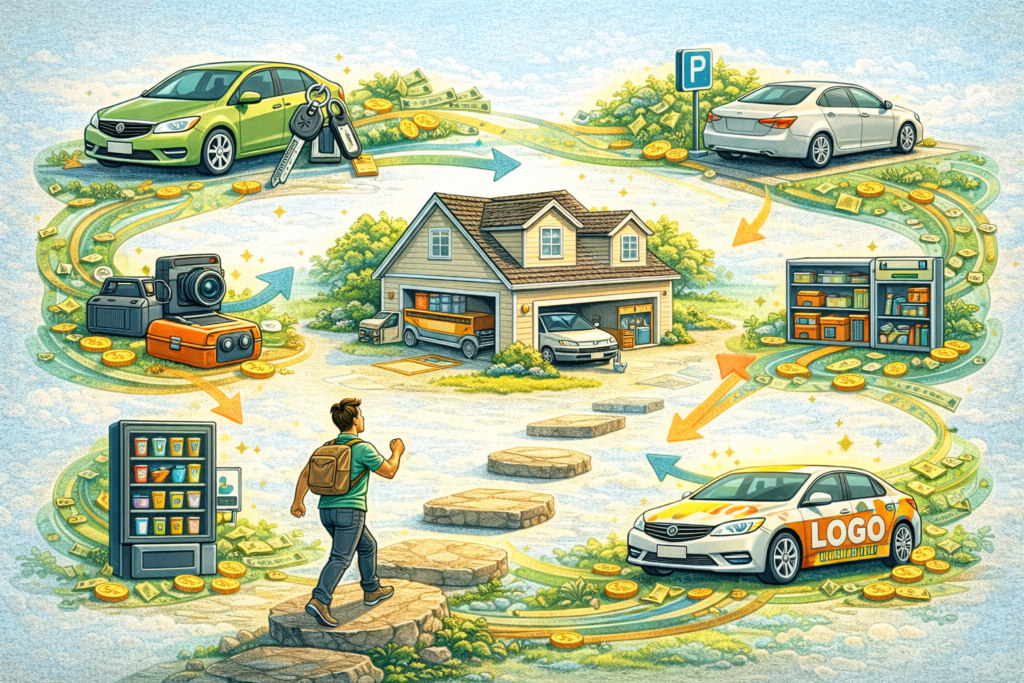 Rental based passive income ideas showing car rental parking space storage equipment vending machines generating monthly earnings