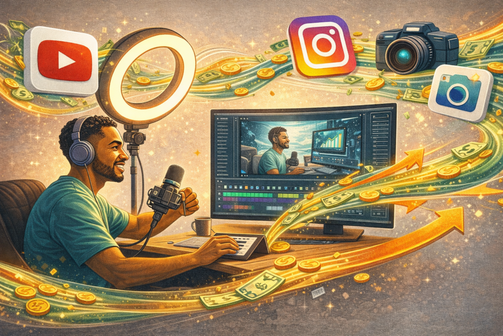 Content creation passive income showing YouTube channel blogging podcasting social media with ad revenue and sponsorship income for creators