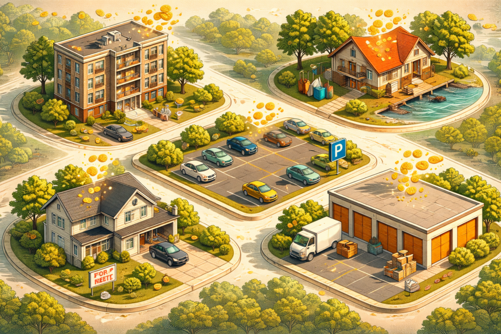 Real estate passive income strategies showing rental properties Airbnb vacation rentals parking spaces and storage units generating monthly income