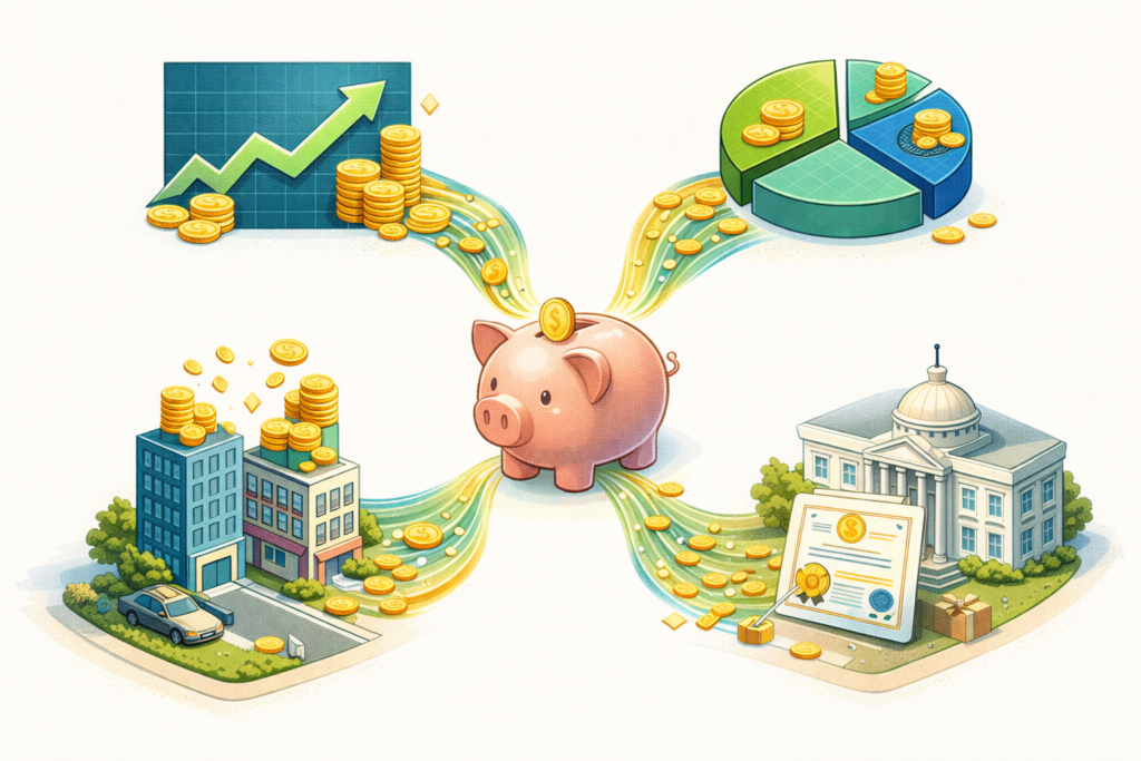Investment based passive income showing dividend stocks index funds REITs and bonds with money flowing to savings for American investors
