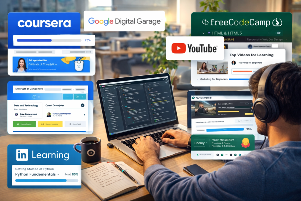 
Free online learning platforms for developing income-building skills including Coursera and FreeCodeCamp
