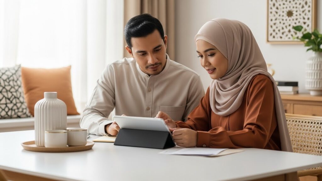 Muslim couple using halal budgeting apps avoiding interest riba for Shariah compliant financial management

