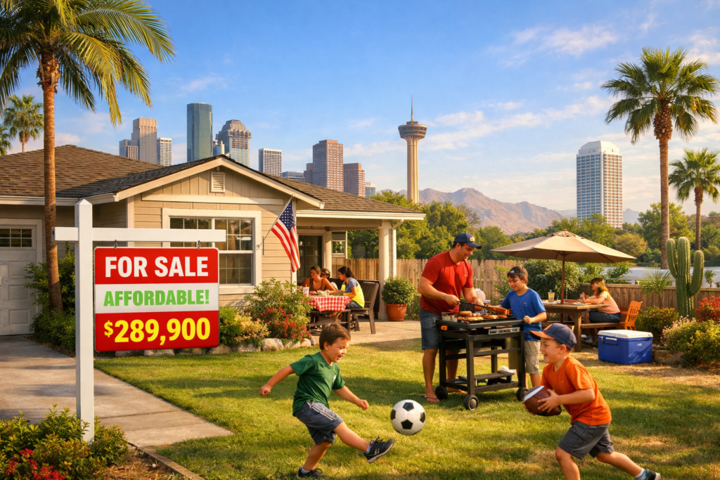  Affordable cities for family of four in USA showing suburban home in Houston Phoenix Tampa with comfortable lifestyle
