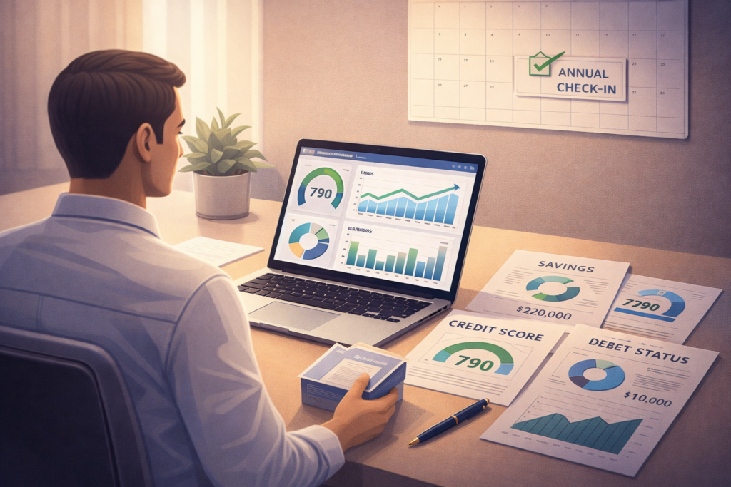 Annual financial check-in reviewing savings checking credit debt insurance and investment accounts progress