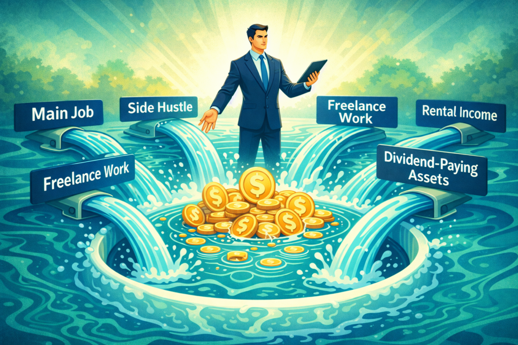 Build multiple income streams including side hustle freelance work rental income and dividend-paying assets
