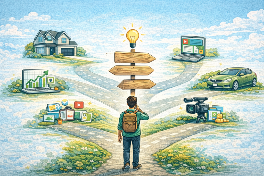 How to choose passive income stream showing decision crossroads with paths to real estate investments digital products and content creation