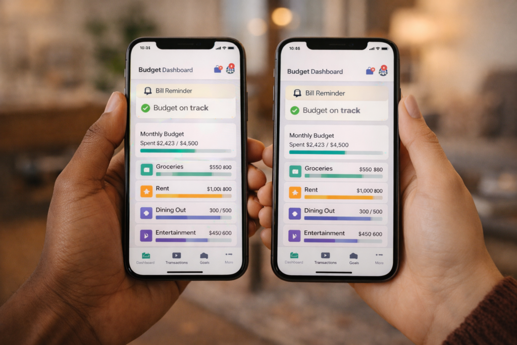 Couples budget apps accountability feature showing synchronized shared spending habits and financial transparency on two smartphones