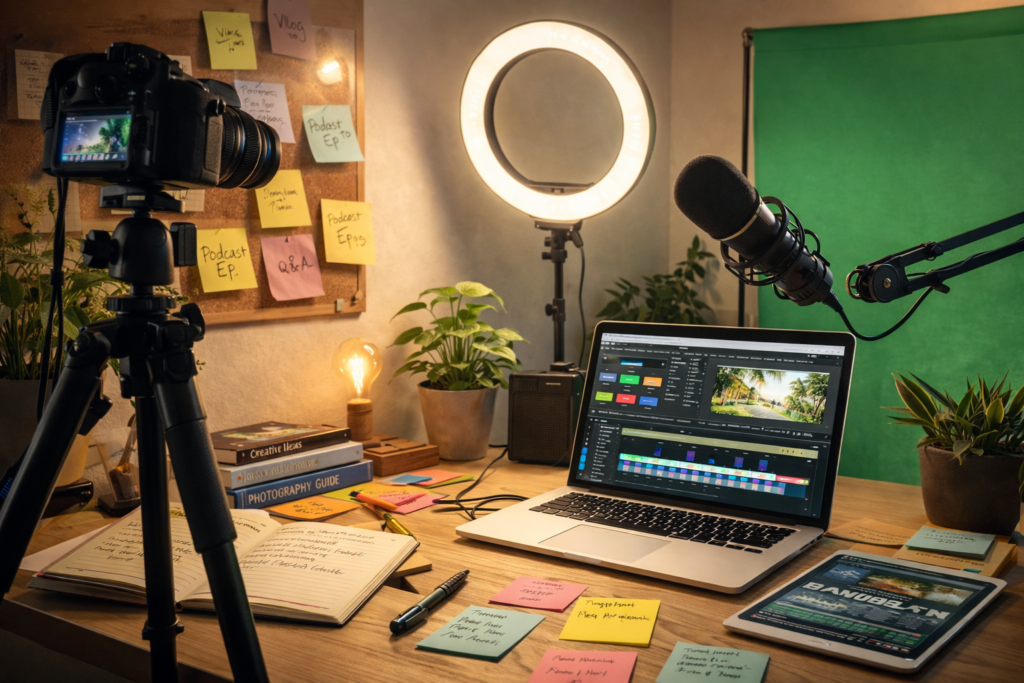 Creative content creation workspace for YouTube, podcasting, and photography income in Libya