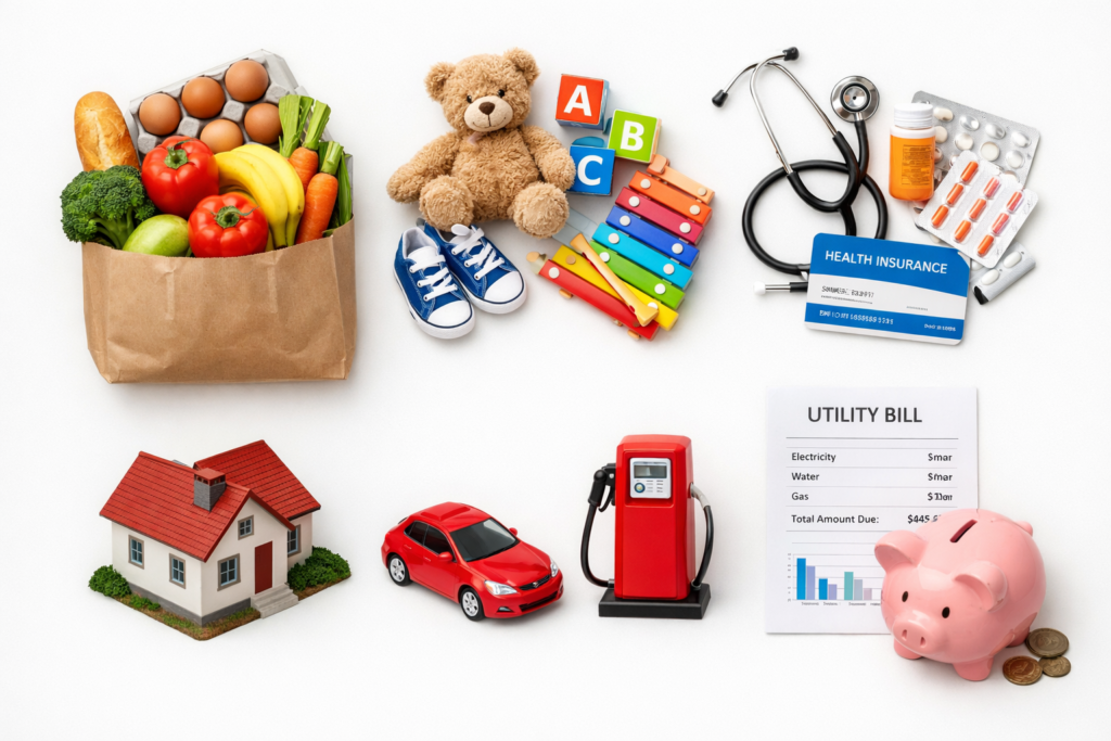 Family of four monthly expenses breakdown showing food groceries childcare healthcare housing transportation and savings categories