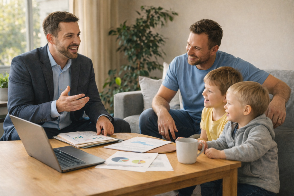 Financial advisor helping family of four with income questions and budget planning in friendly consultation setting