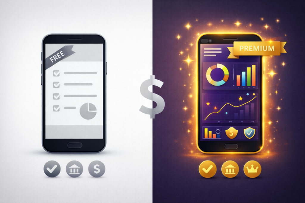 Free vs paid budget apps for couples comparison showing basic features versus premium bank sync and unlimited goals