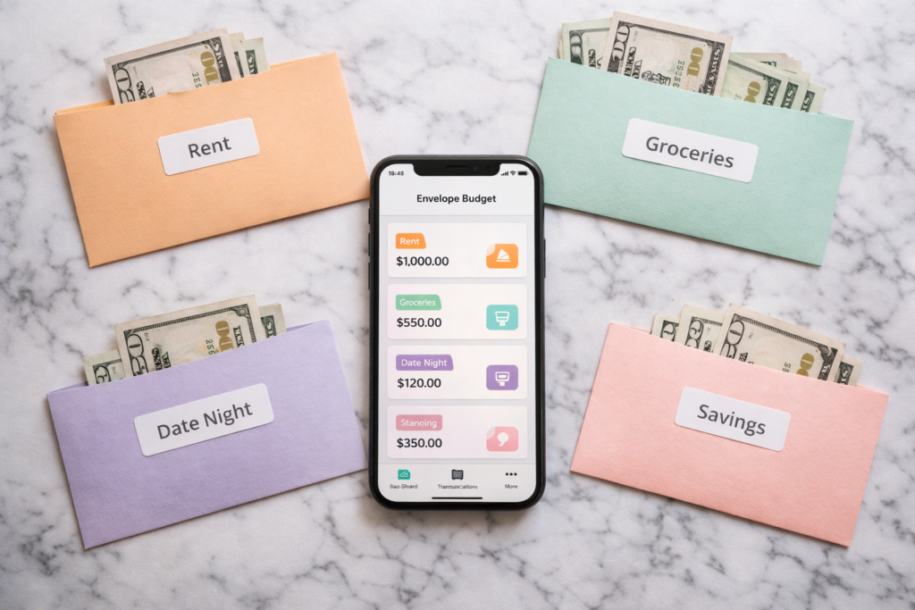 Goodbudget envelope budgeting method app showing digital envelopes for rent groceries savings and date night categories