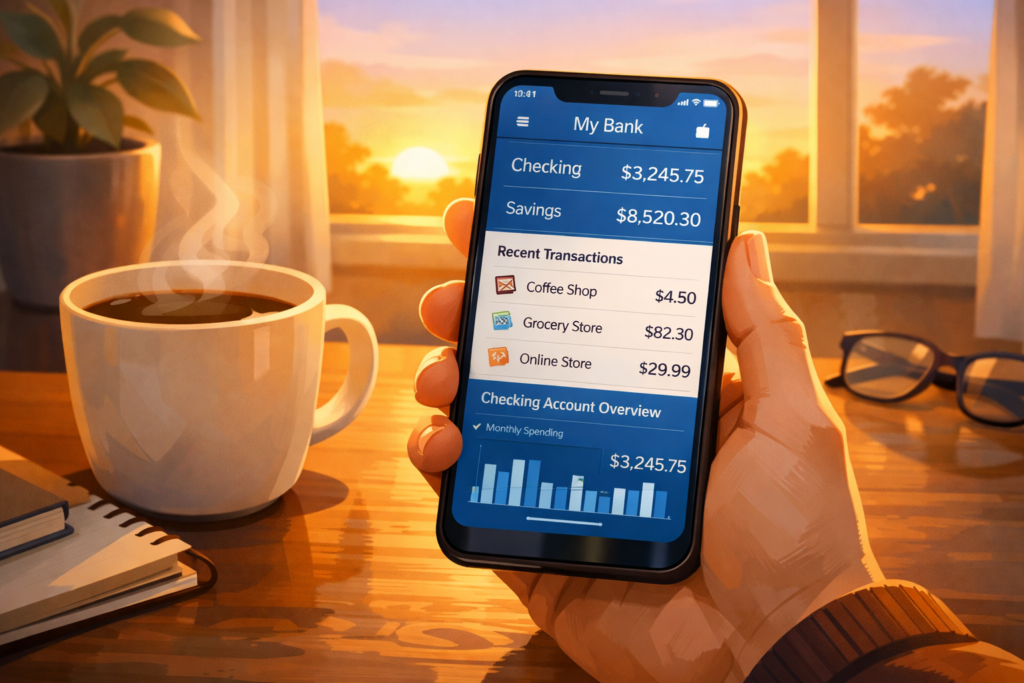 Checking bank account balances daily as part of morning money habit routine for financial awareness