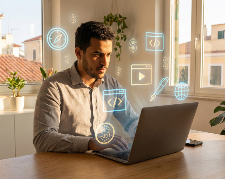 Libyan professional learning skills to build alternative income sources in 2026 with laptop and income stream icons