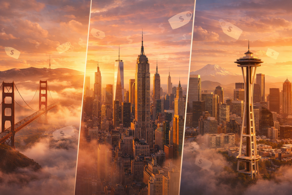 High cost of living cities skyline featuring San Francisco New York City Seattle where family of four needs 130K plus income
