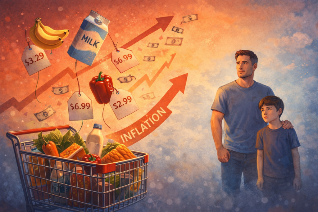 Inflation impact on family of four budget showing rising grocery prices housing costs and shrinking purchasing power
