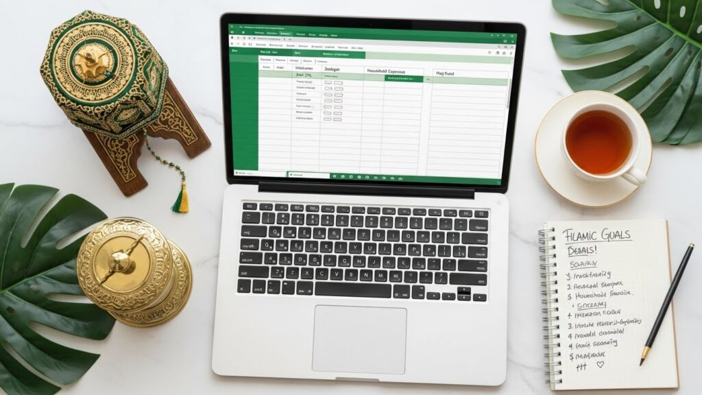Islamic budget spreadsheet template in Excel showing Zakat calculator Sadaqah tracking and halal savings categories