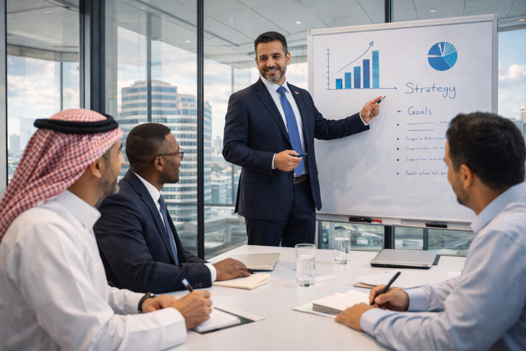 How to advance career in Libya - Professional demonstrating leadership skills in team presentation