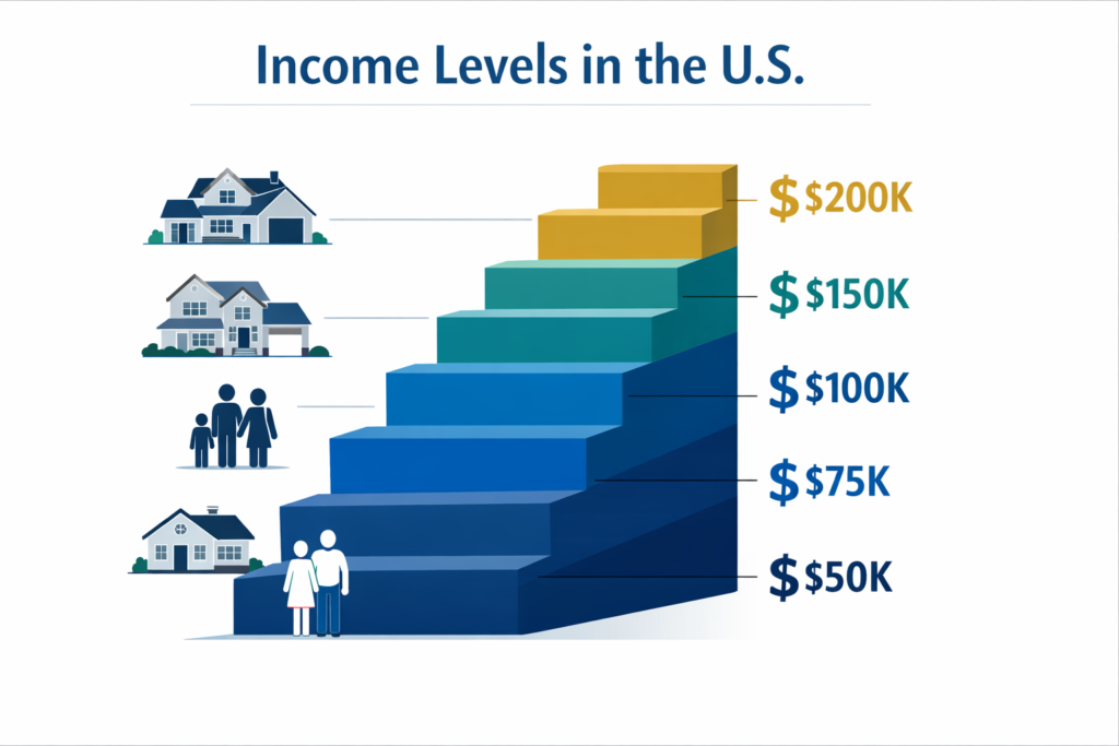 Infographic showing median household income levels in the United States for family of four ranging from $50,000 to $200,000

