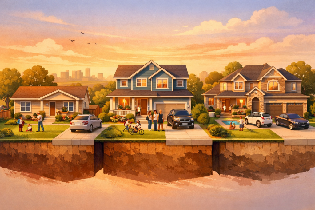 Middle class income levels illustration showing lower middle upper middle class homes in American suburban neighborhood
