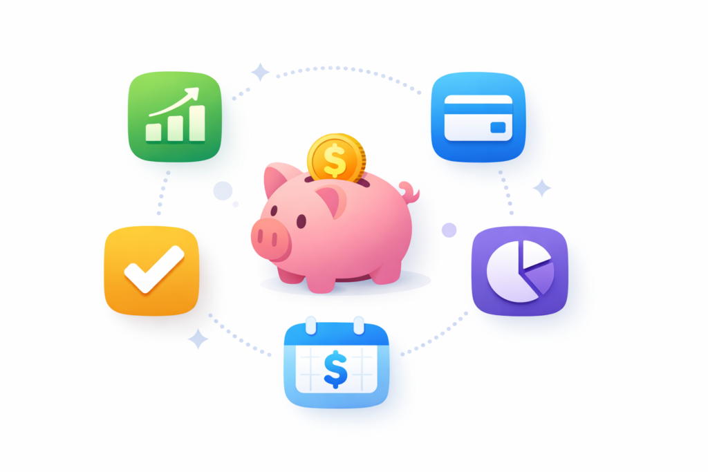 Key features of top 5 budget apps for couples including bank sync bill reminders and goal tracking icons