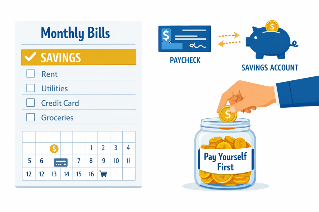 Pay yourself first automatic savings transfer showing savings as a non-negotiable bill priority for wealth building