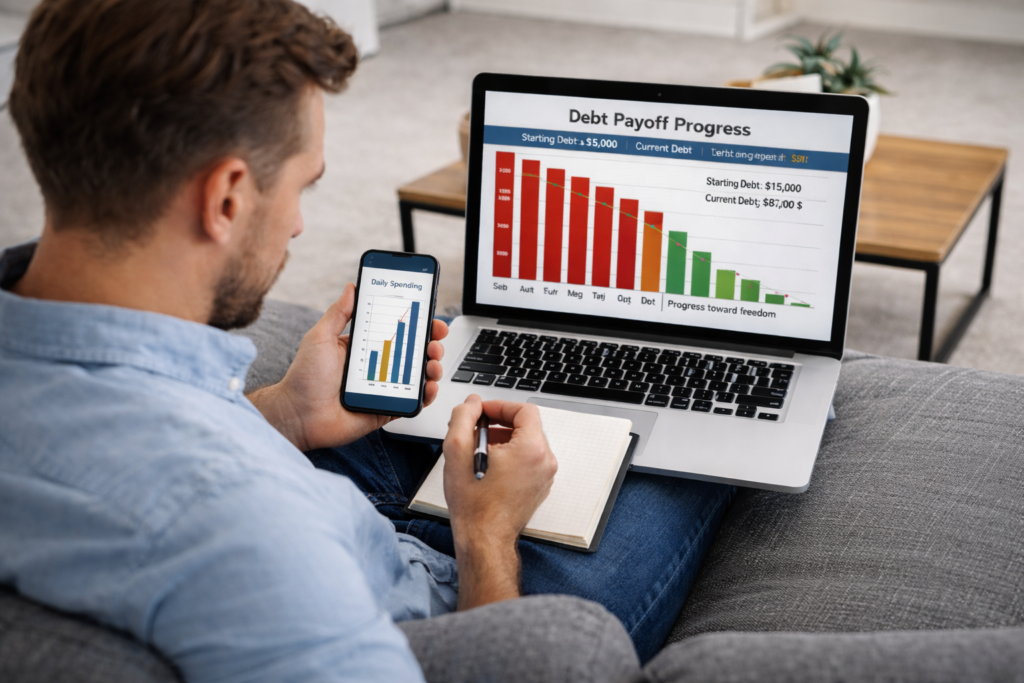 PocketGuard debt payoff plans app showing couples tracking expenses and debt reduction progress on smartphone and laptop