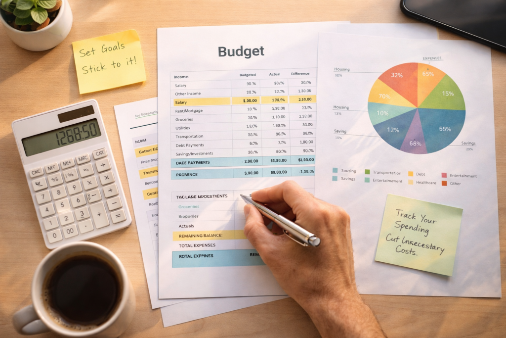 Realistic family budget planning materials with spreadsheet calculator pie charts showing expense categories for family of four