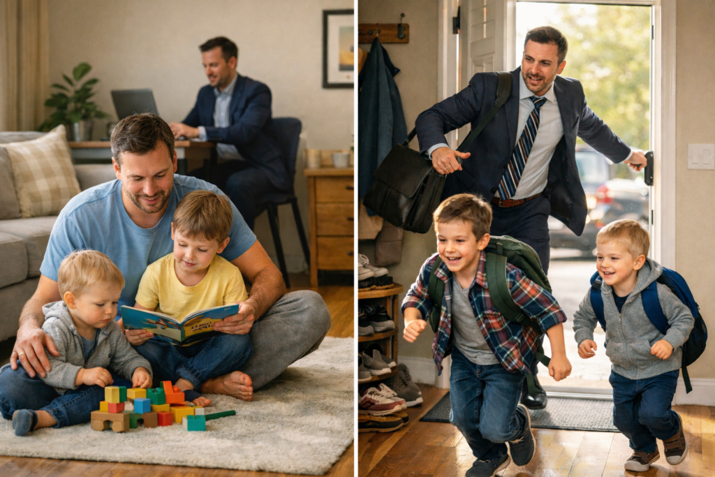 Single income vs dual income family comparison showing stay at home parent scenario versus two working parents with childcare
