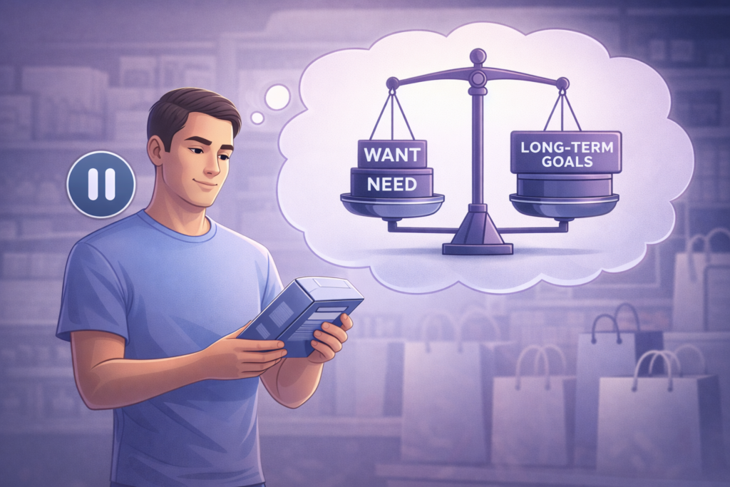 Intentional spending habits showing pause before impulse purchases to align with long-term financial priorities