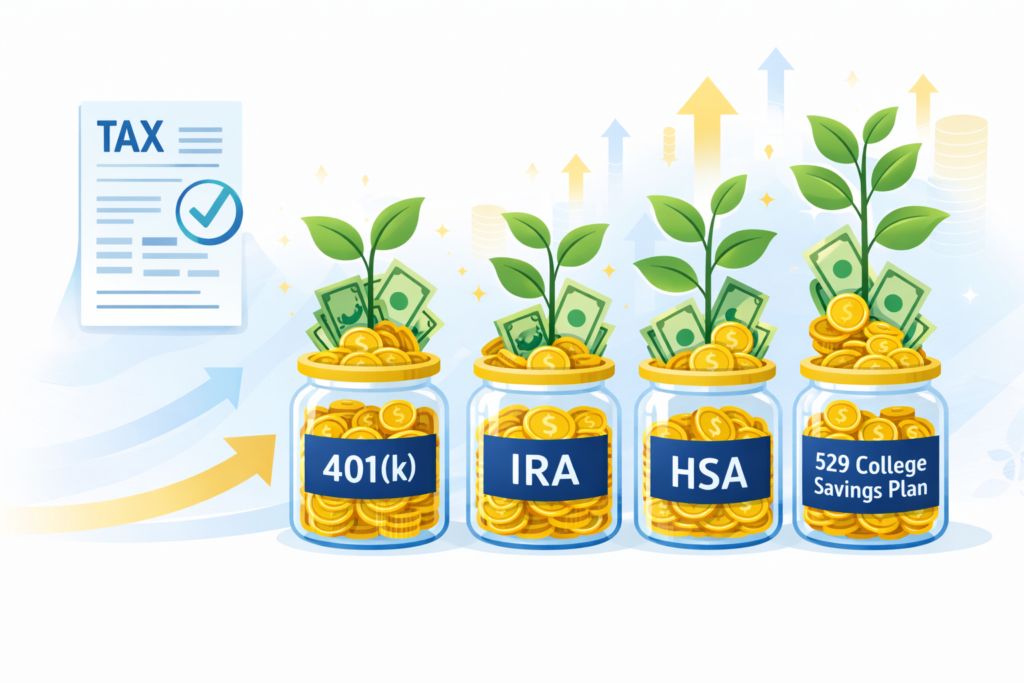 Tax-advantaged accounts 401k IRA HSA 529 college savings plan with compounding interest for wealth building