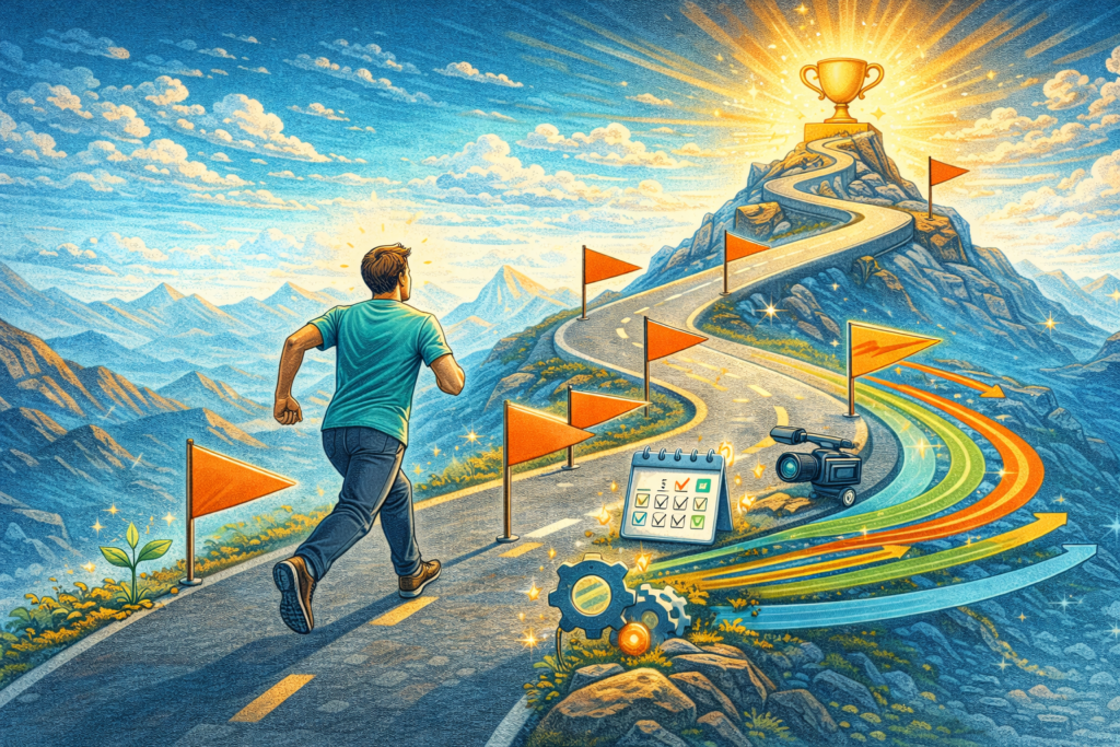 Side hustle success tips showing journey from starting small to financial success with automation diversification and consistency milestones