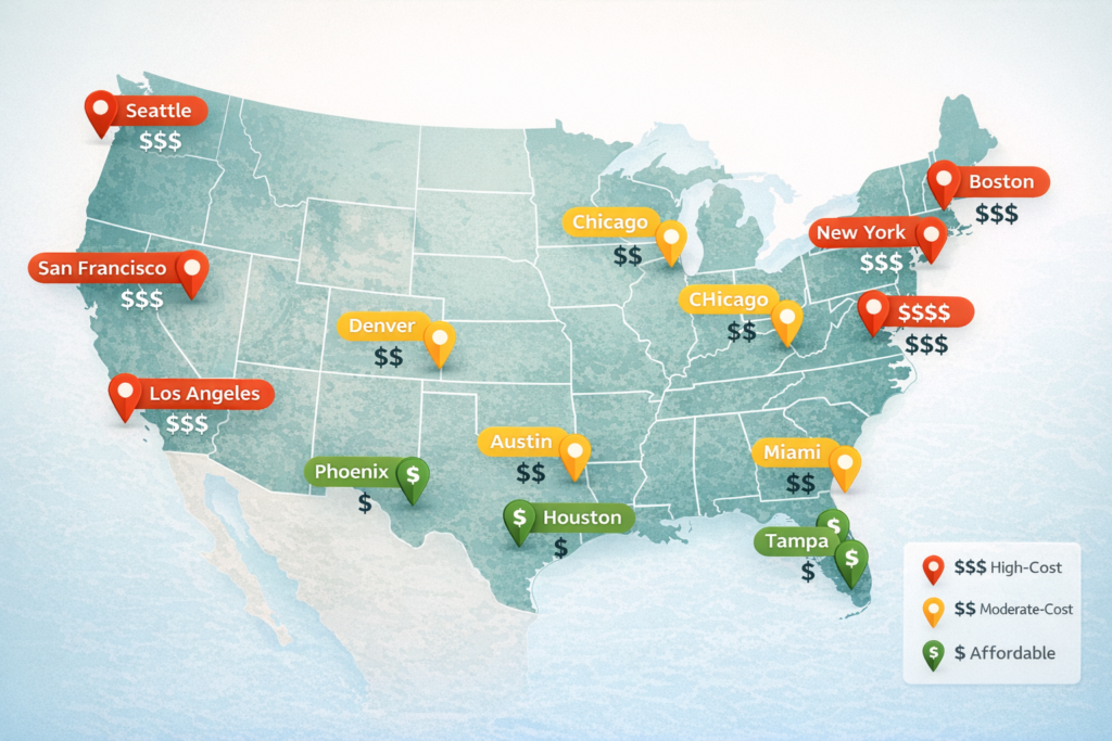  United States map showing cost of living for family of four by city with high moderate and low cost cities color coded

