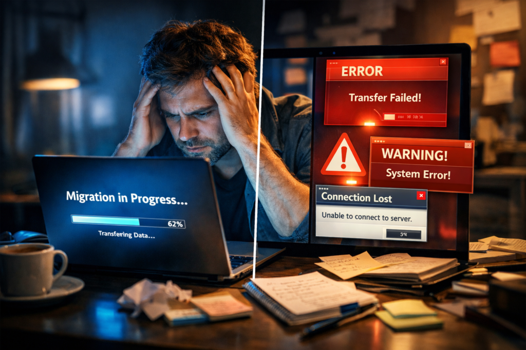 Blogger experiencing WordPress migration problems with errors on laptop screen