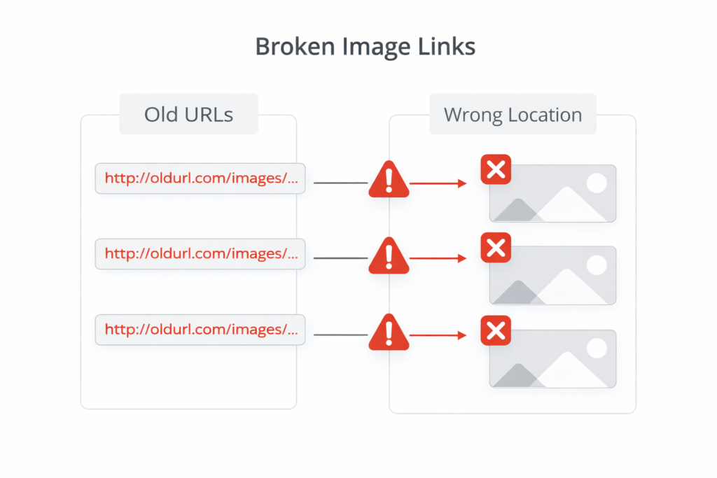 Visual diagram showing how absolute URLs cause WordPress migration image loss