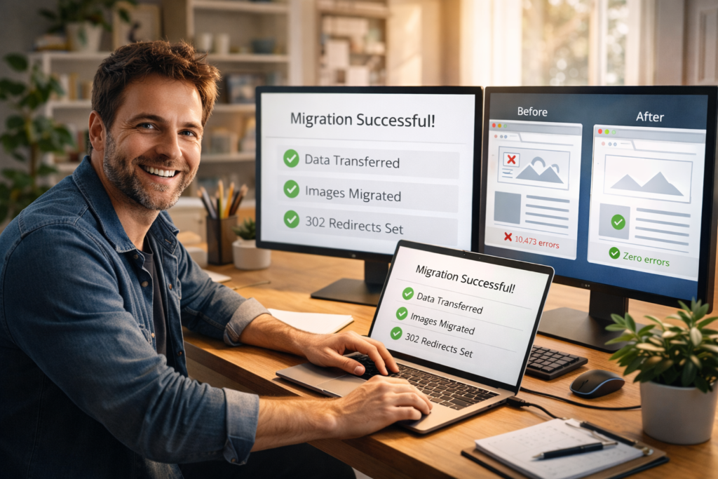 Blogger celebrating successful WordPress migration with zero data loss verification