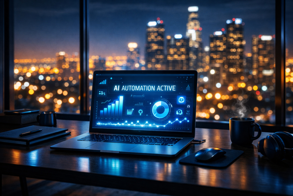 A futuristic home office workspace representing AI-driven dropshipping automation and e-commerce scaling in 2026.