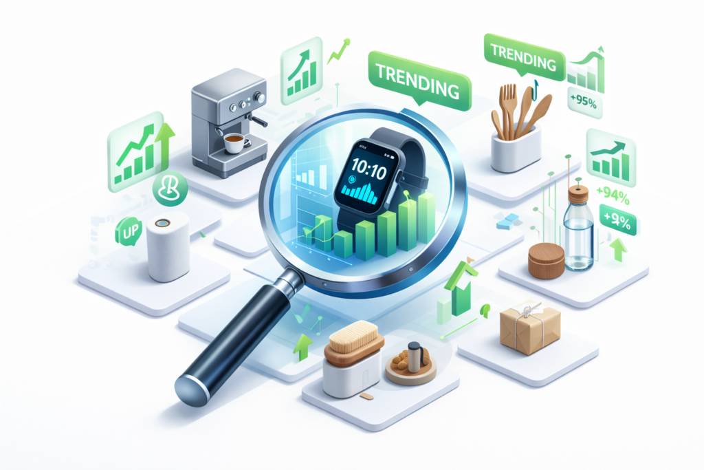 AI software dashboard analyzing viral product trends and predictive analytics for USA dropshipping niches.