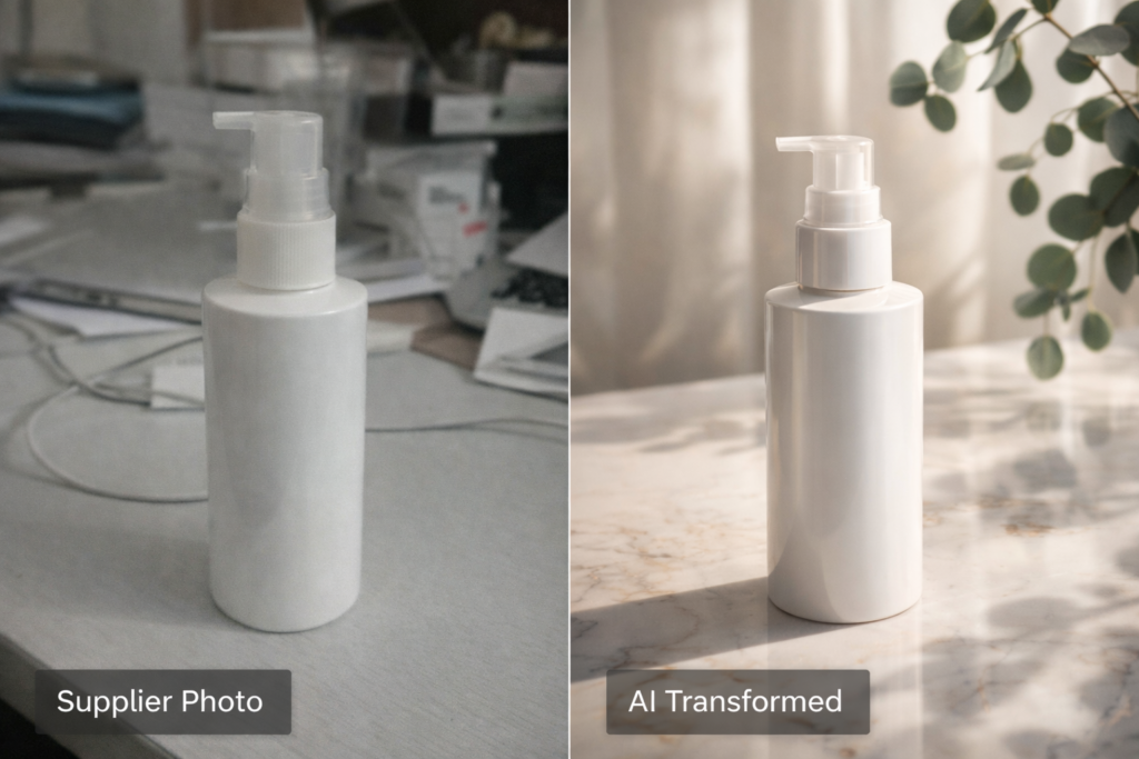Before and after comparison of generative AI transforming a basic supplier photo into a high-end luxury e-commerce brand asset.