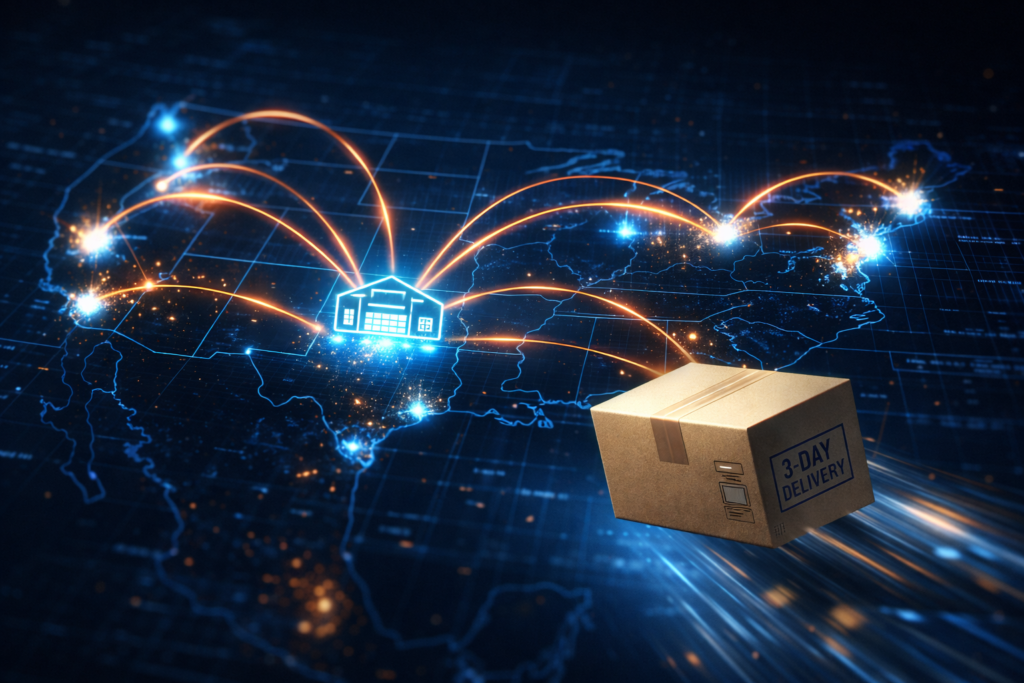 Geographic visualization of automated US-based dropshipping fulfillment and fast shipping logistics for 2024 e-commerce.