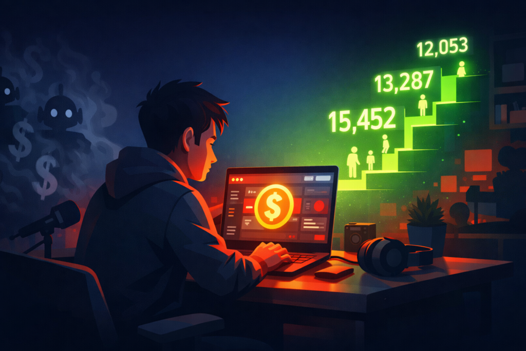 YouTube creator at a laptop with a monetization dashboard showing the difference between fake bot engagement and real subscriber growth — smm panel youtube monetization