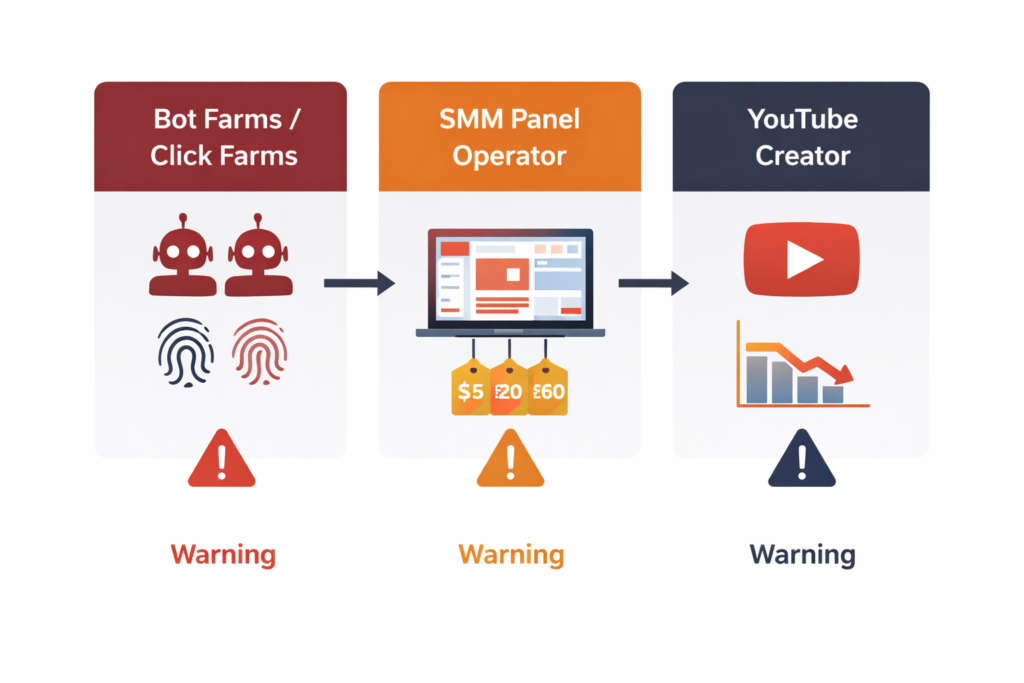 SMM panel supply chain diagram showing how bot farms, panel operators, and YouTube creators are connected — what is an smm panel