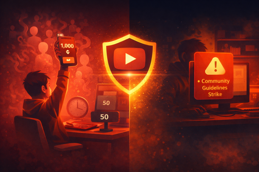 Illustration showing fake YouTube subscribers fading after an audit with a Community Guidelines strike warning — what happens if you use an smm panel for youtube