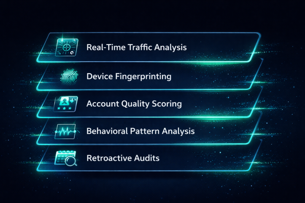 Five-layer diagram showing how YouTube detects fake engagement from SMM panels including traffic analysis, device fingerprinting, and behavioral patterns