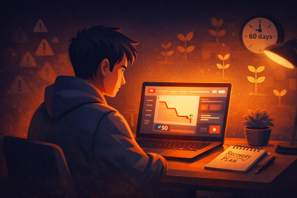 YouTube creator reviewing their channel recovery plan after using an SMM panel showing a declining subscriber count with an organic growth arrow beginning to rise